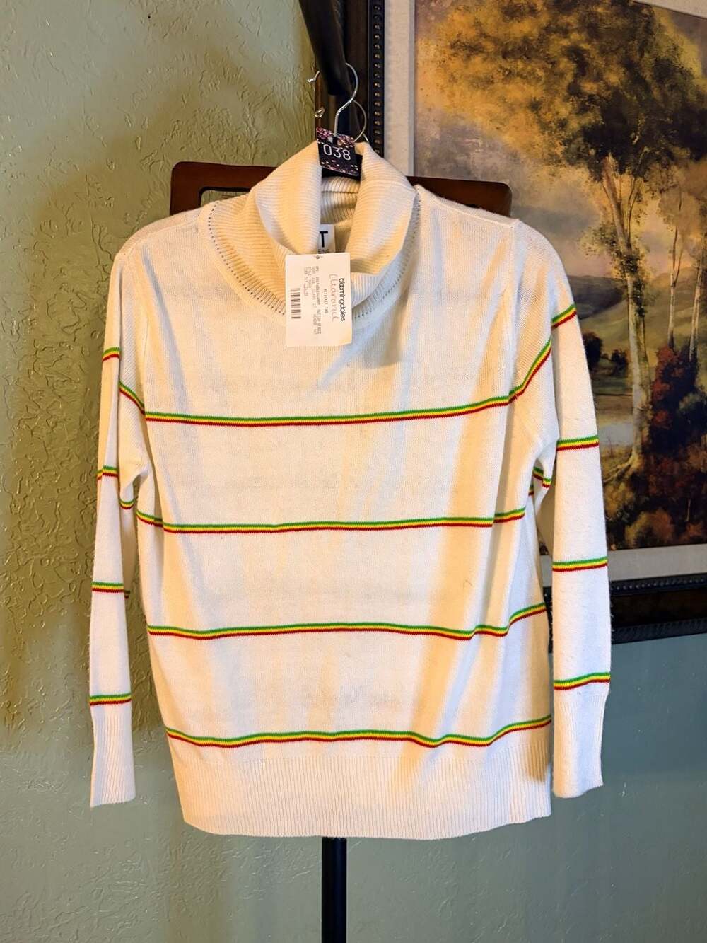 Madeleine Thompson White Turtleneck Sweater with Red, Yellow, and Green Stripes
